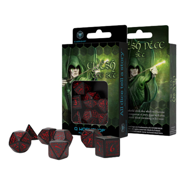 Q Workshop Elvish Black & Red Dice (Set of 7)