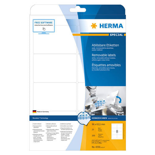 Herma Removable Labels A4 96mm 25pc (White)