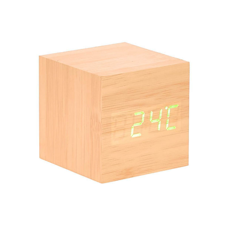 LED Wooden Cube Desk Clock w/ Temp/Date Display