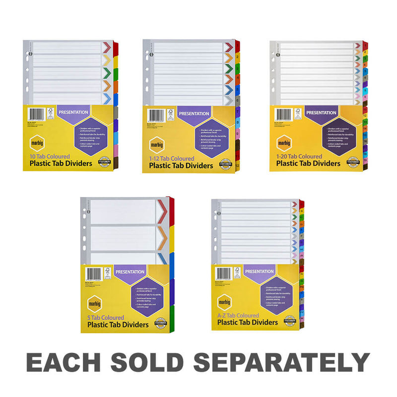 Marbig Manilla Plastic Tab Dividers A4 (Coloured)